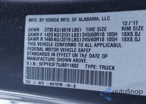 2018 Honda Ridgeline Rtl-E from USA, damaged, VIN 5FPYK3F75JB011802